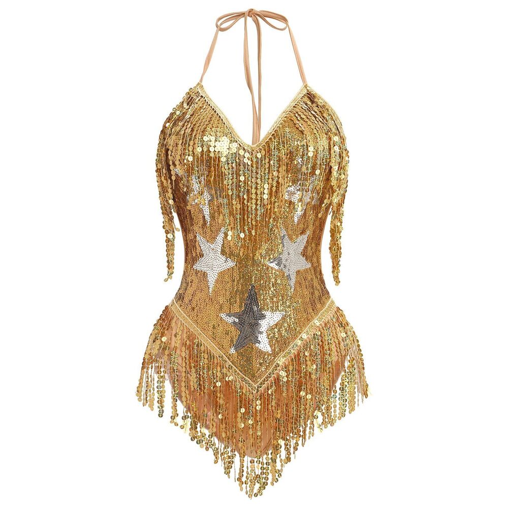 4461 Rave Outfits Music Festival Sexy Backless V Neck Star Sequins Tassel
